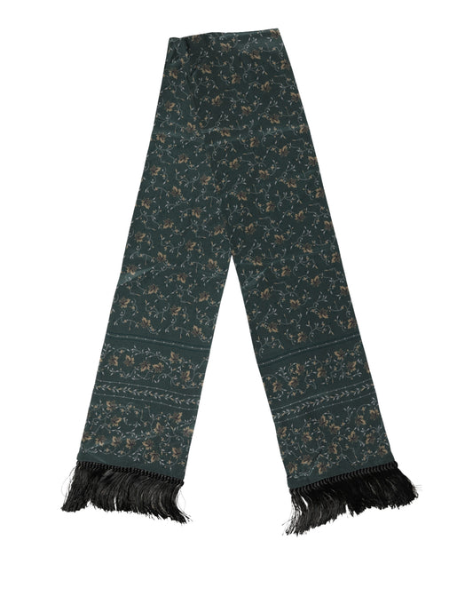 Green Silk Floral Pattern Fringed 135cm X 16cm Scarf