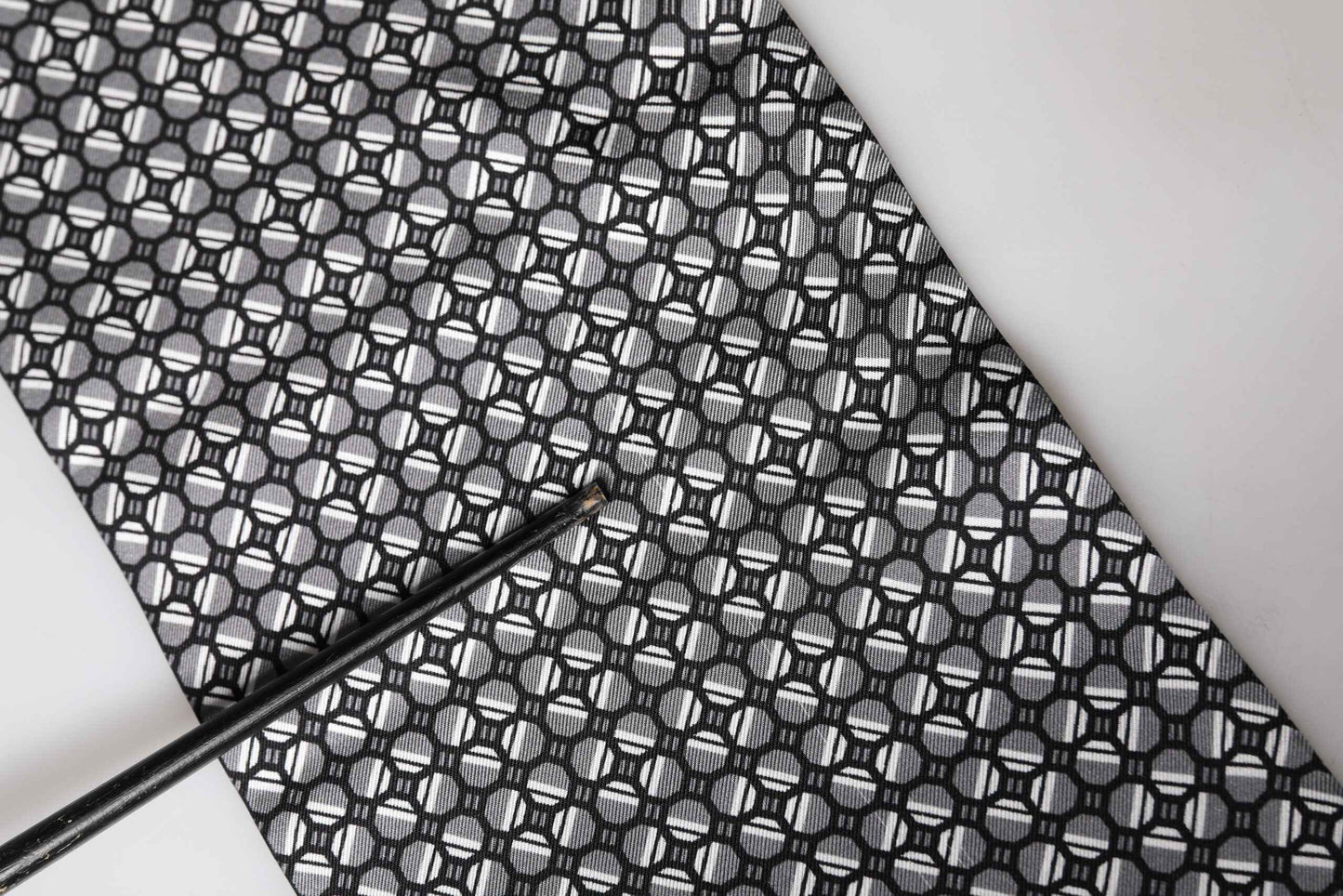 Black Silk Geometric Fringed Foulard 140cm x 15cm Scarf