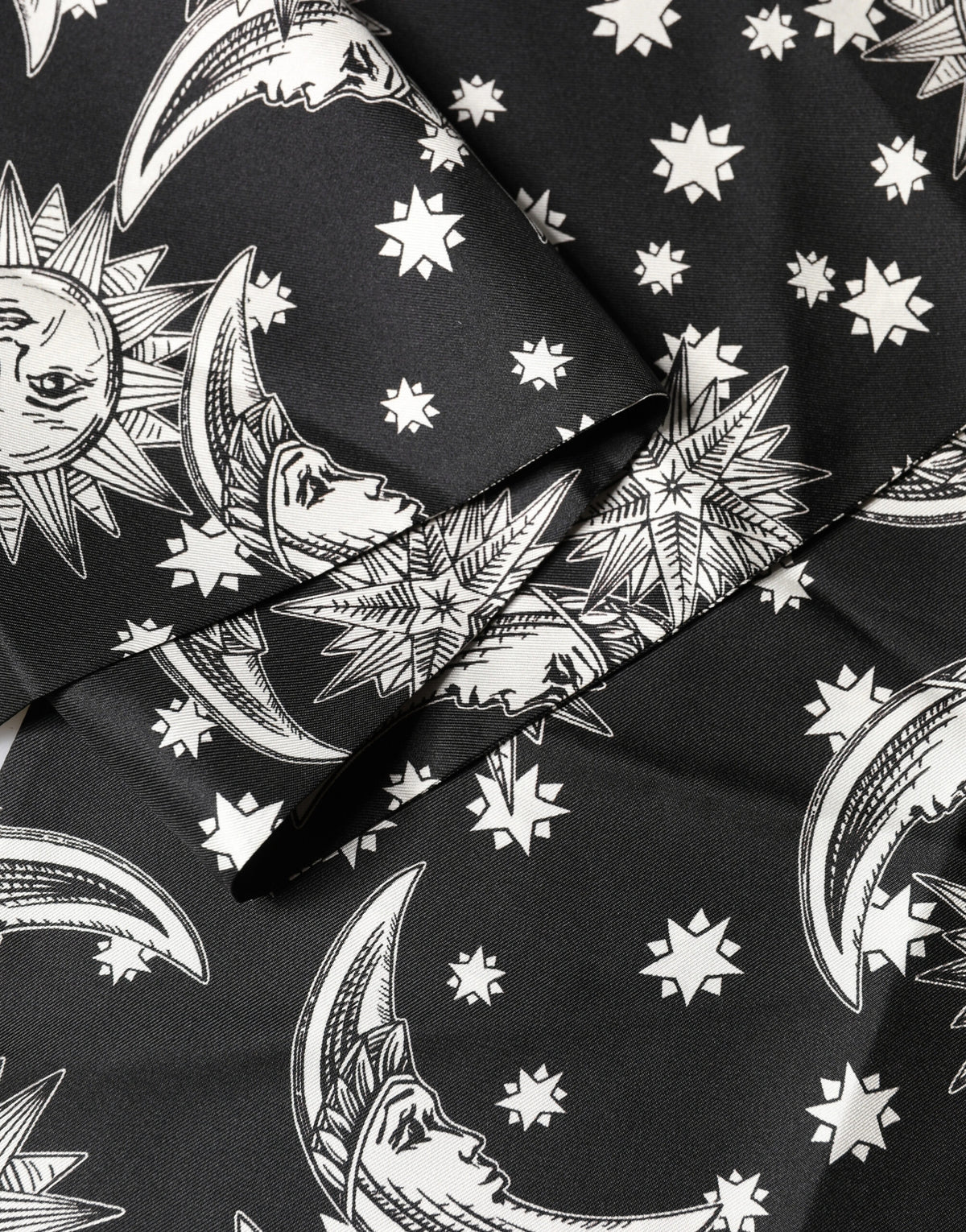 Black Silk Sun Moon Star Fringe Foulard 178cm X 33cm Scarf