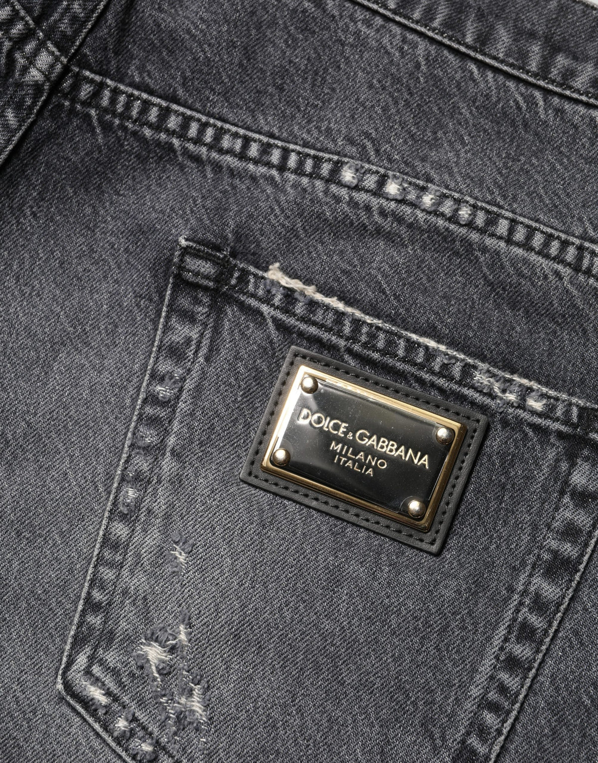 Dark Gray Tattered Cotton Loose Denim Jeans
