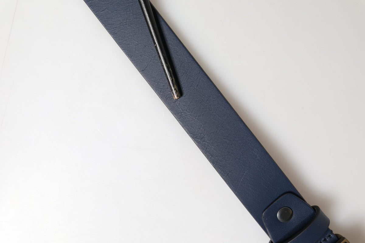 Men Blue Calf Leather Logo Metal Buckle Belt