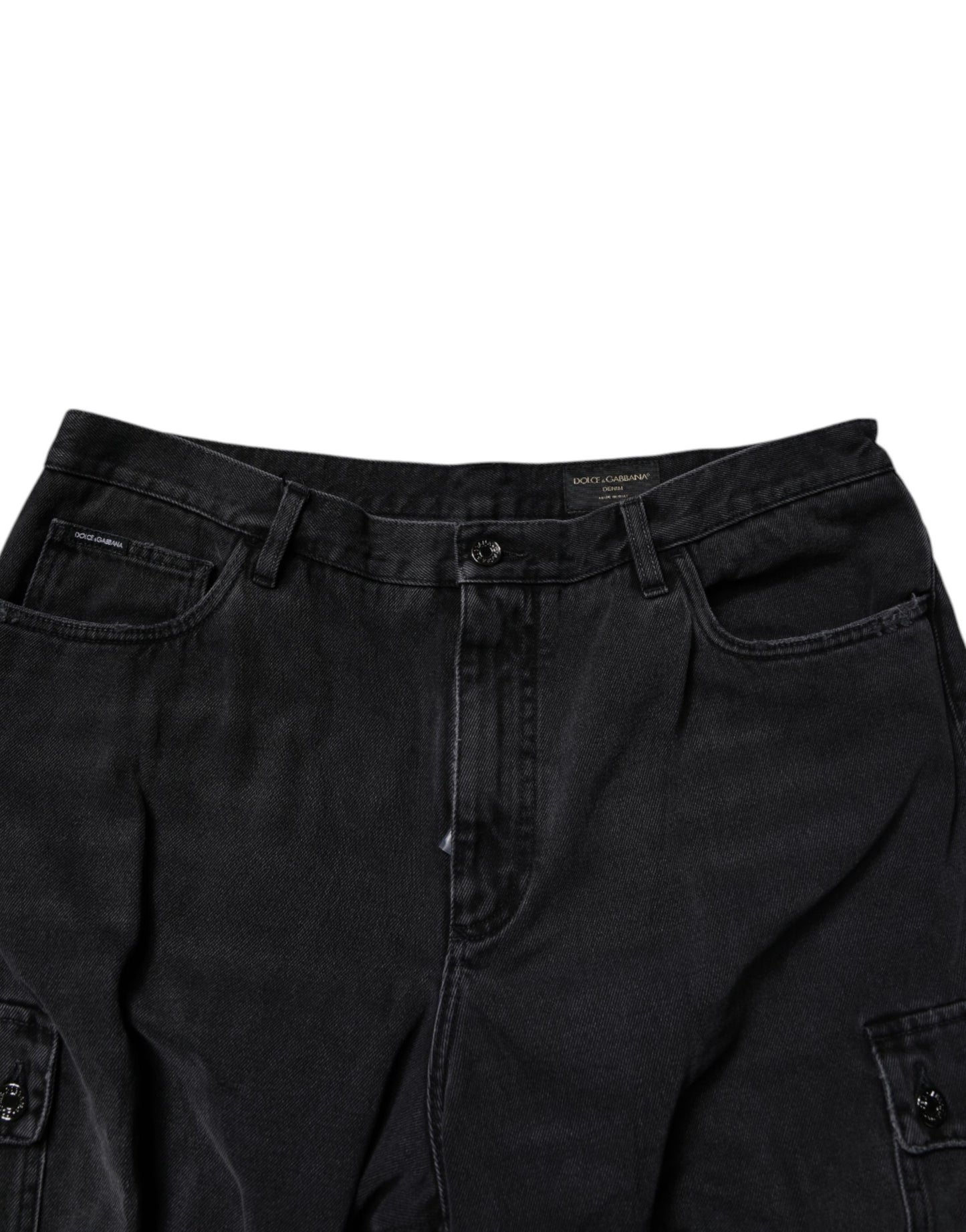 Black Mid Waist Denim Cargo Bermuda Shorts