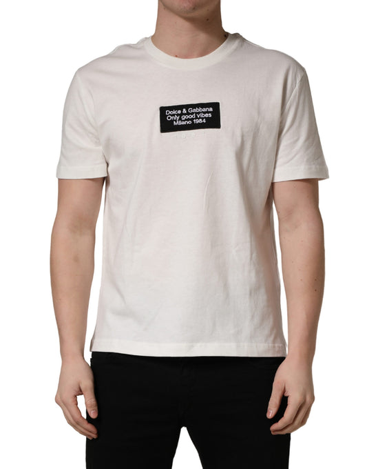 White Logo Patch Cotton Men Crew Neck T-shirt