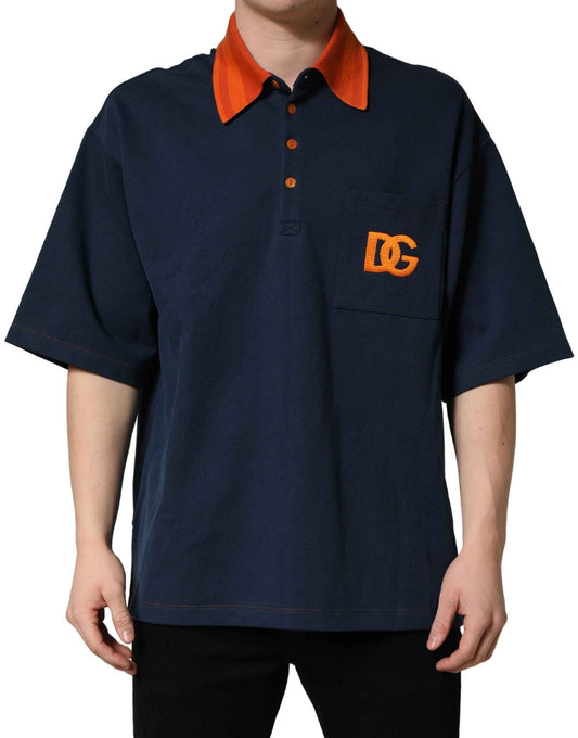 Navy Blue Cotton Logo Short Sleeves Men Polo T-shirt