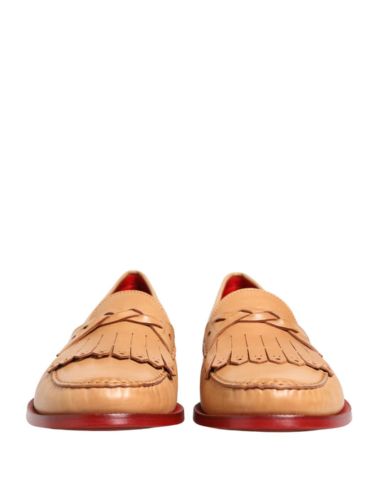 Beige Tassel Leather Men Slip On Loafers Shoes