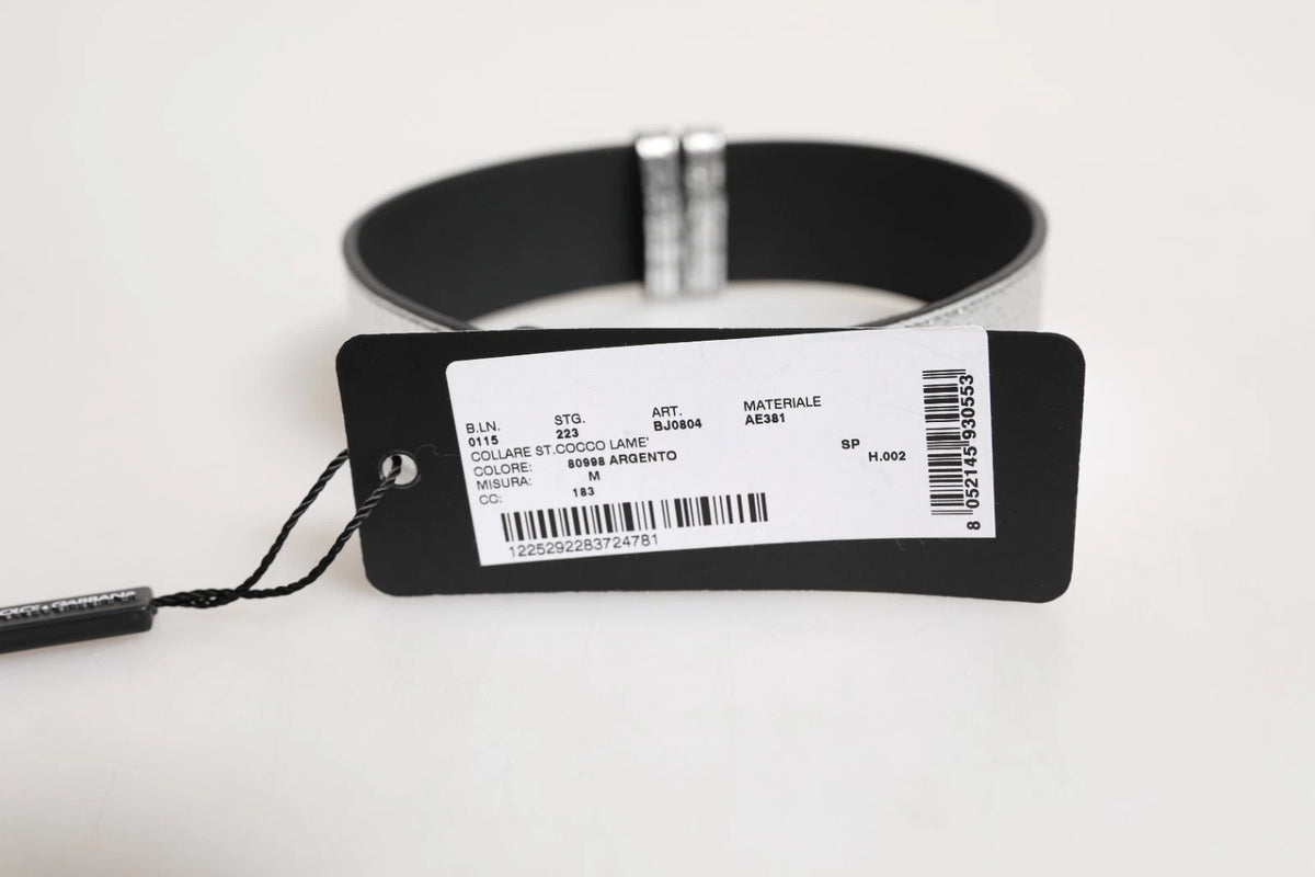 Silver Textured Leather Gold Tone Metal Neckband
