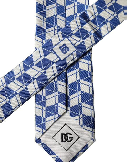 Blue White Geometric Silk Adjustable Men Tied Necktie Tie