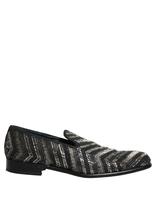 Black Silver Embellished Slip On Loafers Shoes
