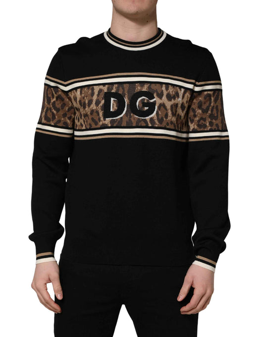 Black Leopard Wool Crew Neck Men Pullover Sweater