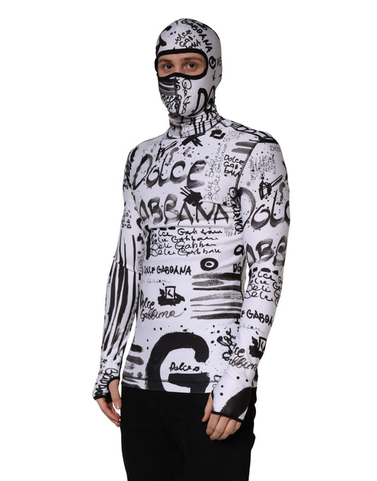 White Jersey Graffiti Print Balaclava Hood Sweater
