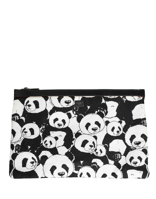 Black White Panda Print Nylon Clutch Men Pouch Borse Bag