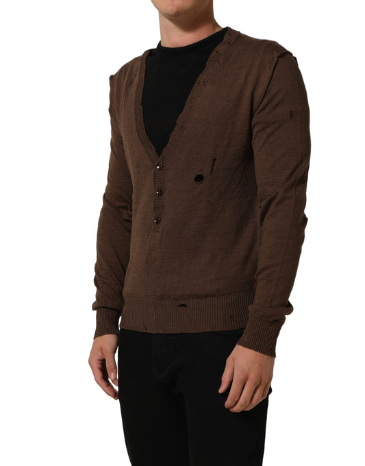 Brown Flax Buttoned V-neck Pullover Sweater