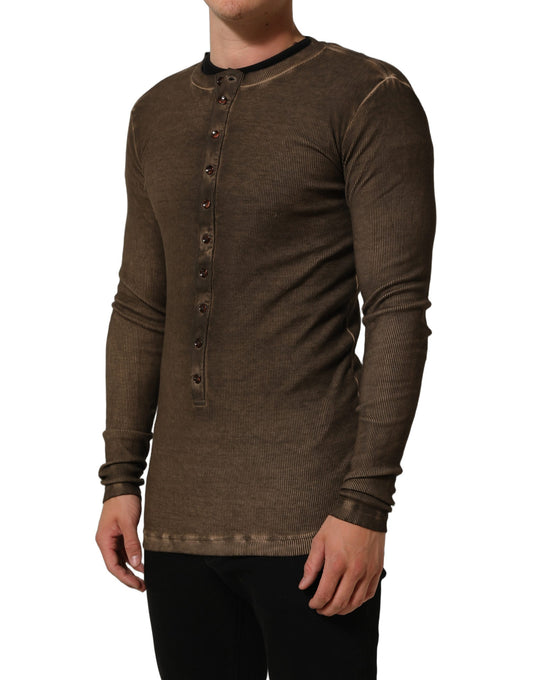 Brown Cotton Buttoned Henley Pullover Sweater