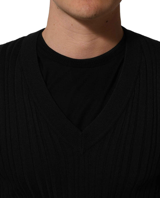 Black Silk Blend V-neck Pullover Men Sweater