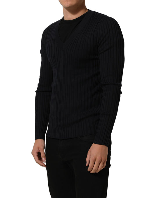 Black Silk Blend V-neck Pullover Men Sweater