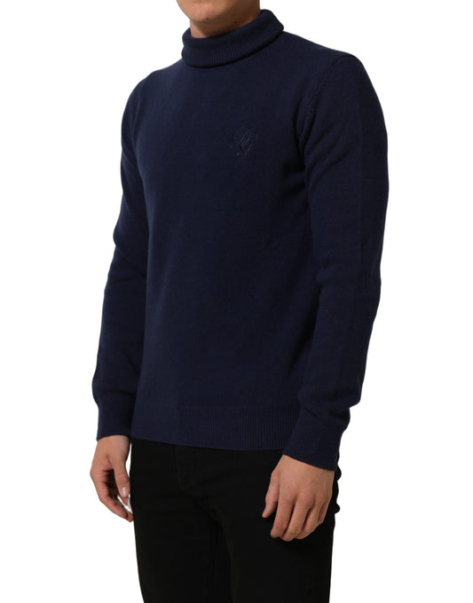 Blue Wool Knit Turtleneck Pullover Sweater