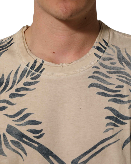 Beige Cotton Graphic Print Crew Neck T-shirt
