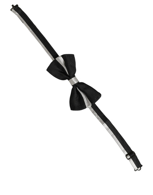 Black Silver 100% Silk Adjustable Neck Papillon Bow Tie