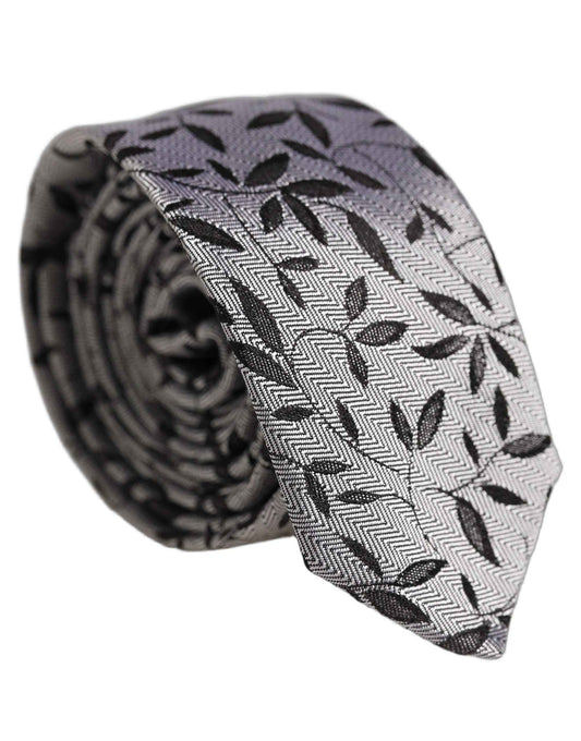 Men Gray Leaf Pattern Silk Adjustable Tied Necktie Tie