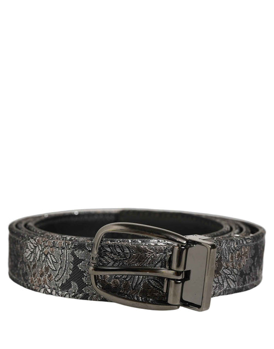 Silver Black Floral Jacquard Metal Buckle Belt