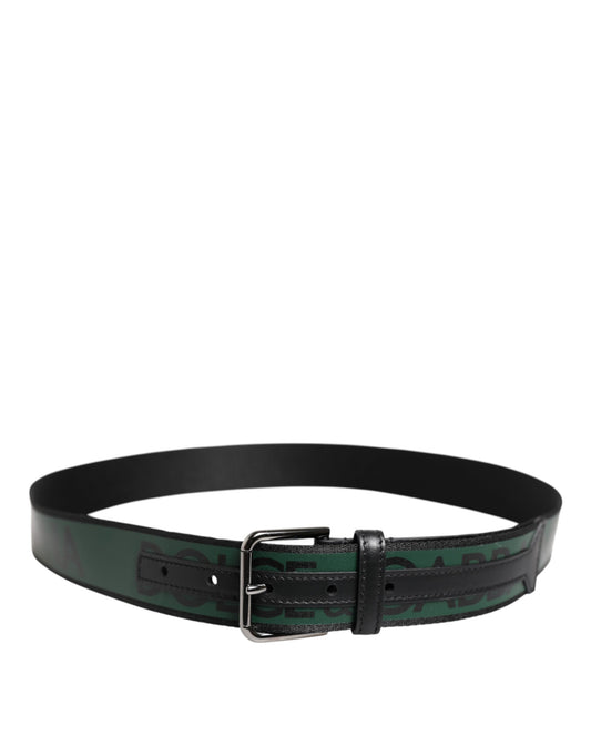 Black Green Logo Silver Tone Metal Buckle Belt