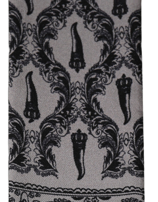 Gray Baroque Silk Fringed Skinny Foulard Scarf