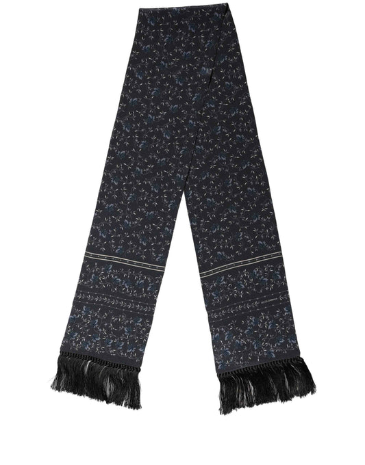 Blue Floral Silk Fringed Neck Shaw Scarf