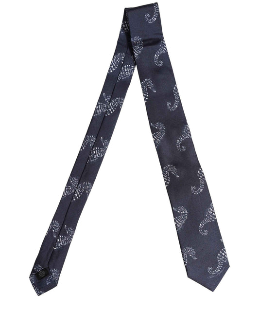 Dark Blue Silk Seahorse Print Adjustable Tied Necktie Tie