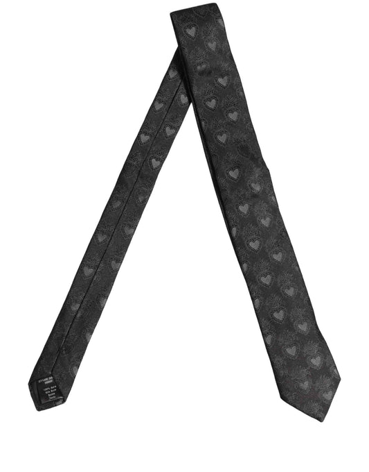 Men Black Silk Sacred Heart Adjustable Tied Necktie Tie