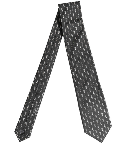 Men Black Seahorse Silk Adjustable Tied Necktie Tie