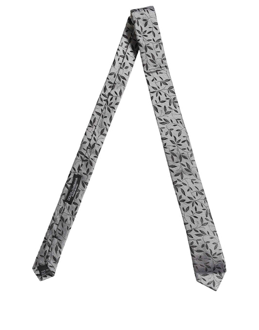 Men Gray Silk Leaf Pattern Adjustable Tied Necktie Tie