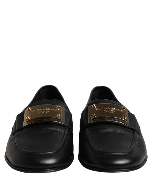 Black Leather Logo Plaque Loafers Men Shoes