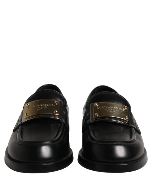 Black Leather Logo Plaque Loafers Shoes