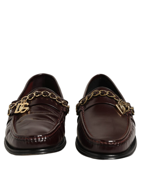 Maroon DG Chain Calfskin Leather Loafers Shoes