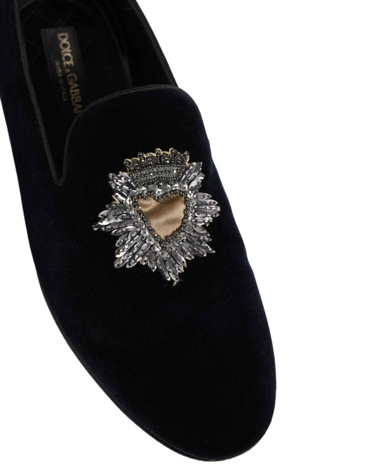 Blue Velvet Embellished Slip On Loafers Shoes