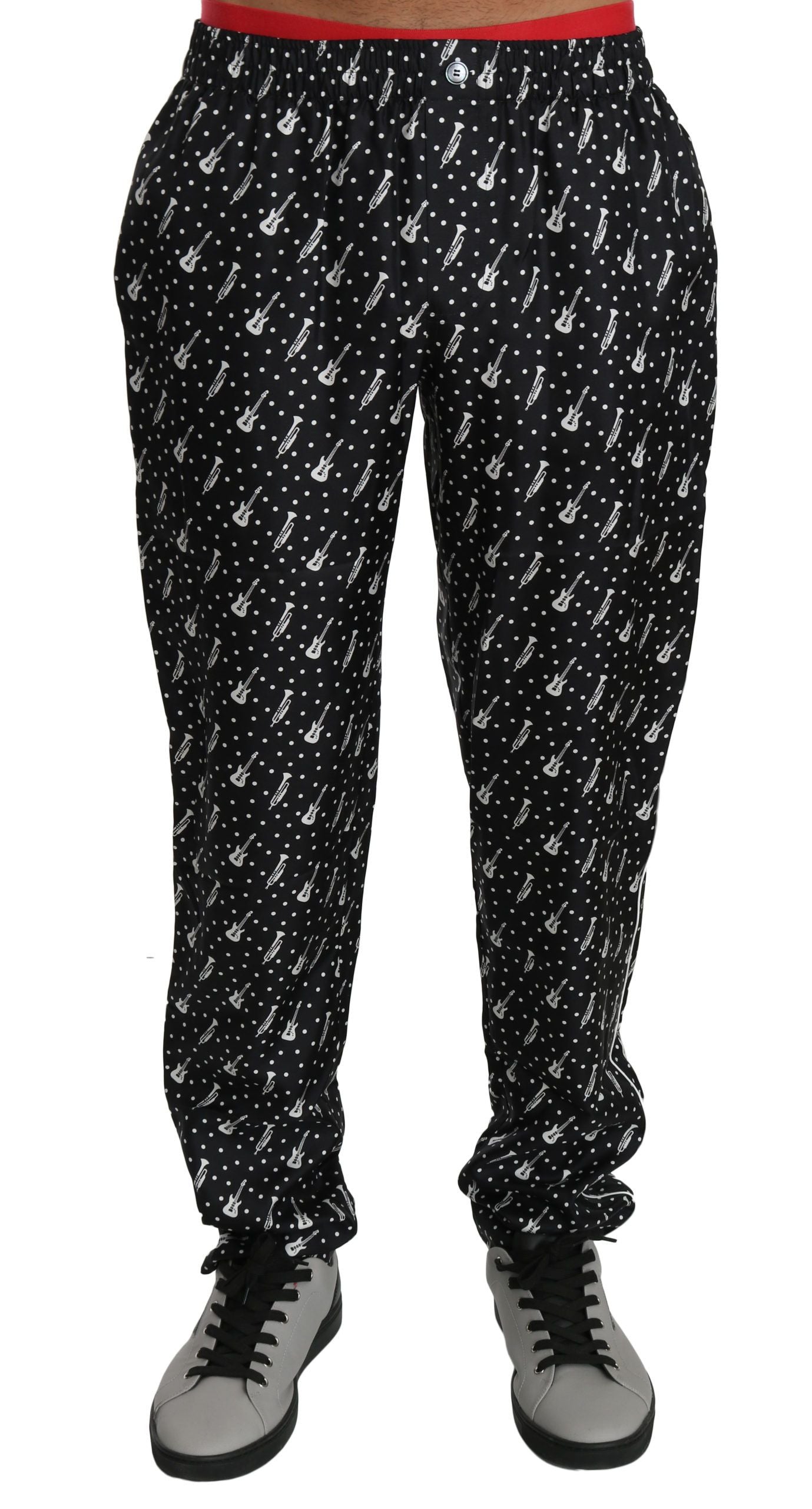 Silk Black Musical Instrument Trouser Pants Dolce & Gabbana