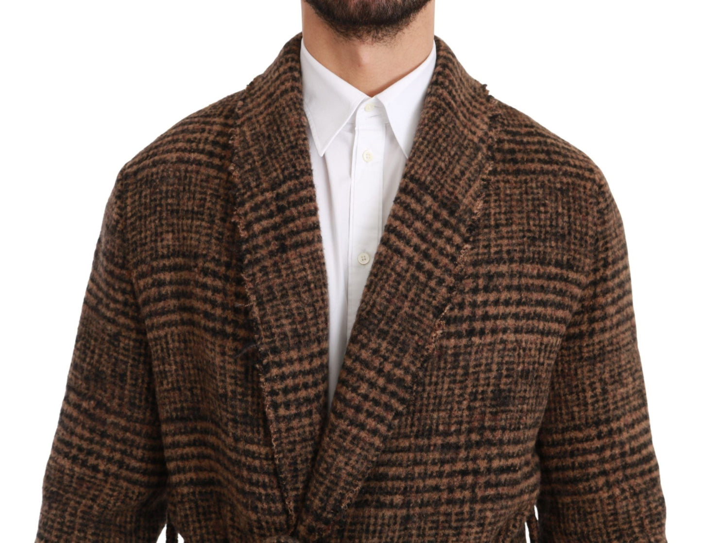 Brown Checkered Wool Robe Coat Wrap Jacket Dolce & Gabbana