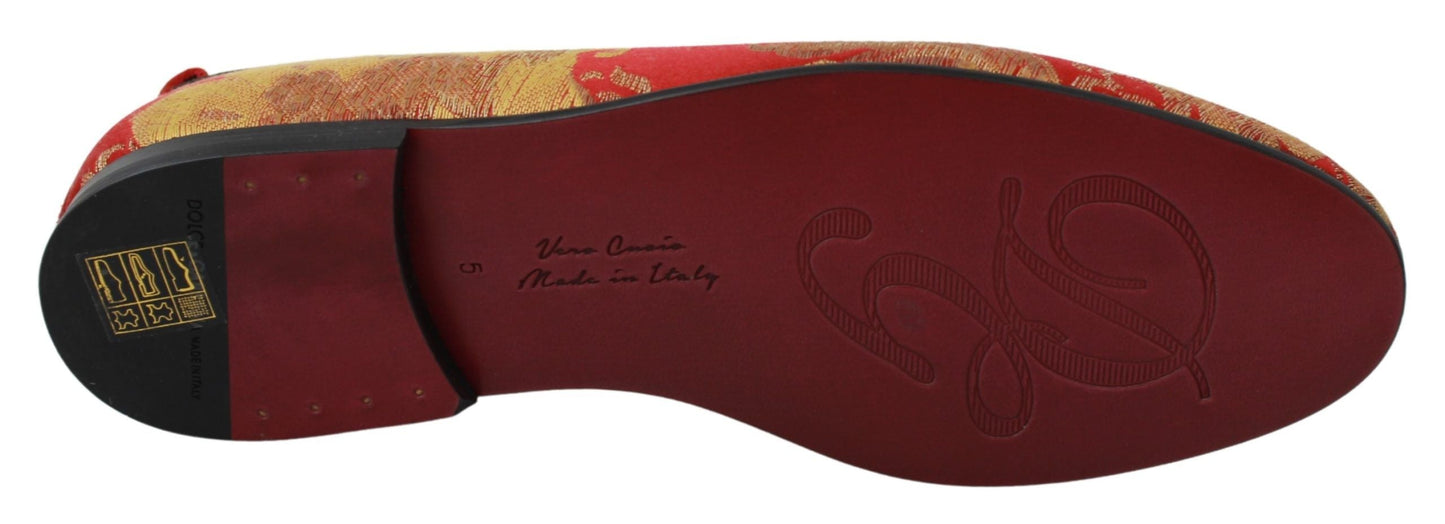 Red Gold Brocade Slippers Loafers Shoes Dolce & Gabbana