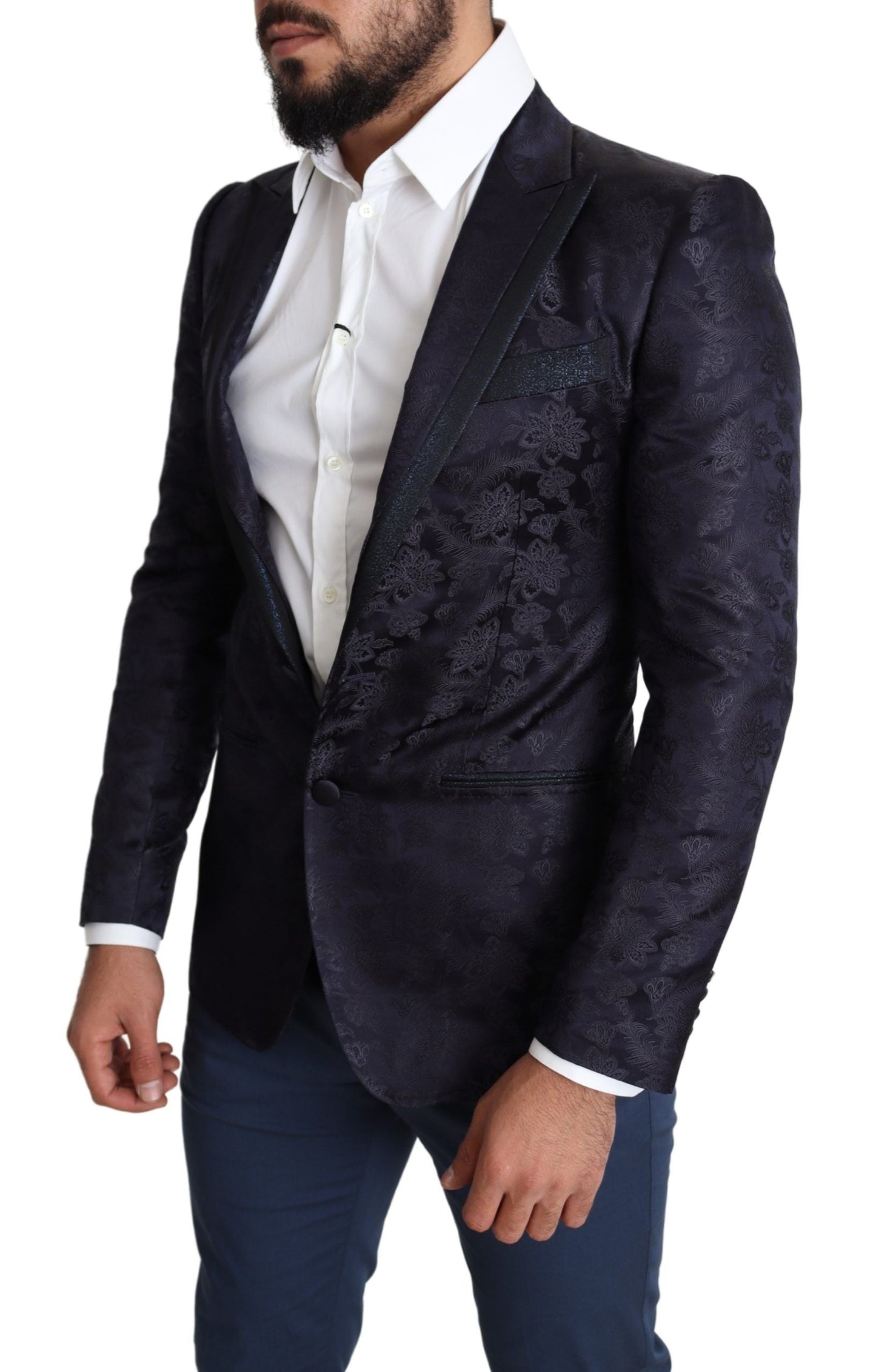 Blue Floral Jacquard Silk Coat MARTINI Blazer Dolce & Gabbana