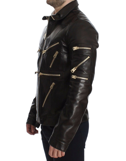 Brown Lambskin Leather Zipper Jacket Dolce & Gabbana
