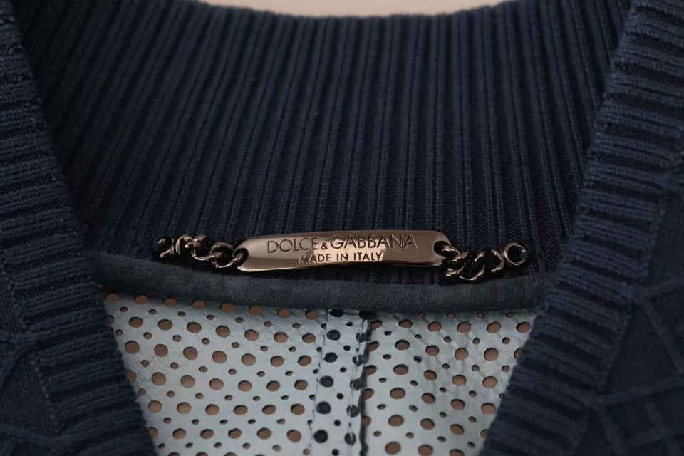 Blue Leather Perforated Full Zip Jacket