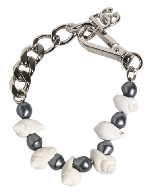 Silver Tone Brass Beaded Shell DG Logo Pendant Bracelet
