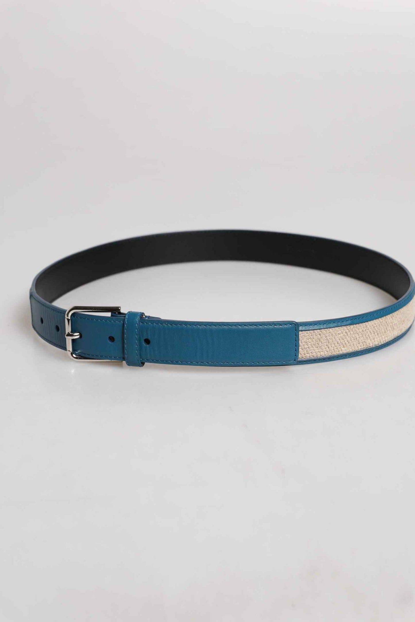 Blue Beige Leather Weaved Metal Buckle Belt