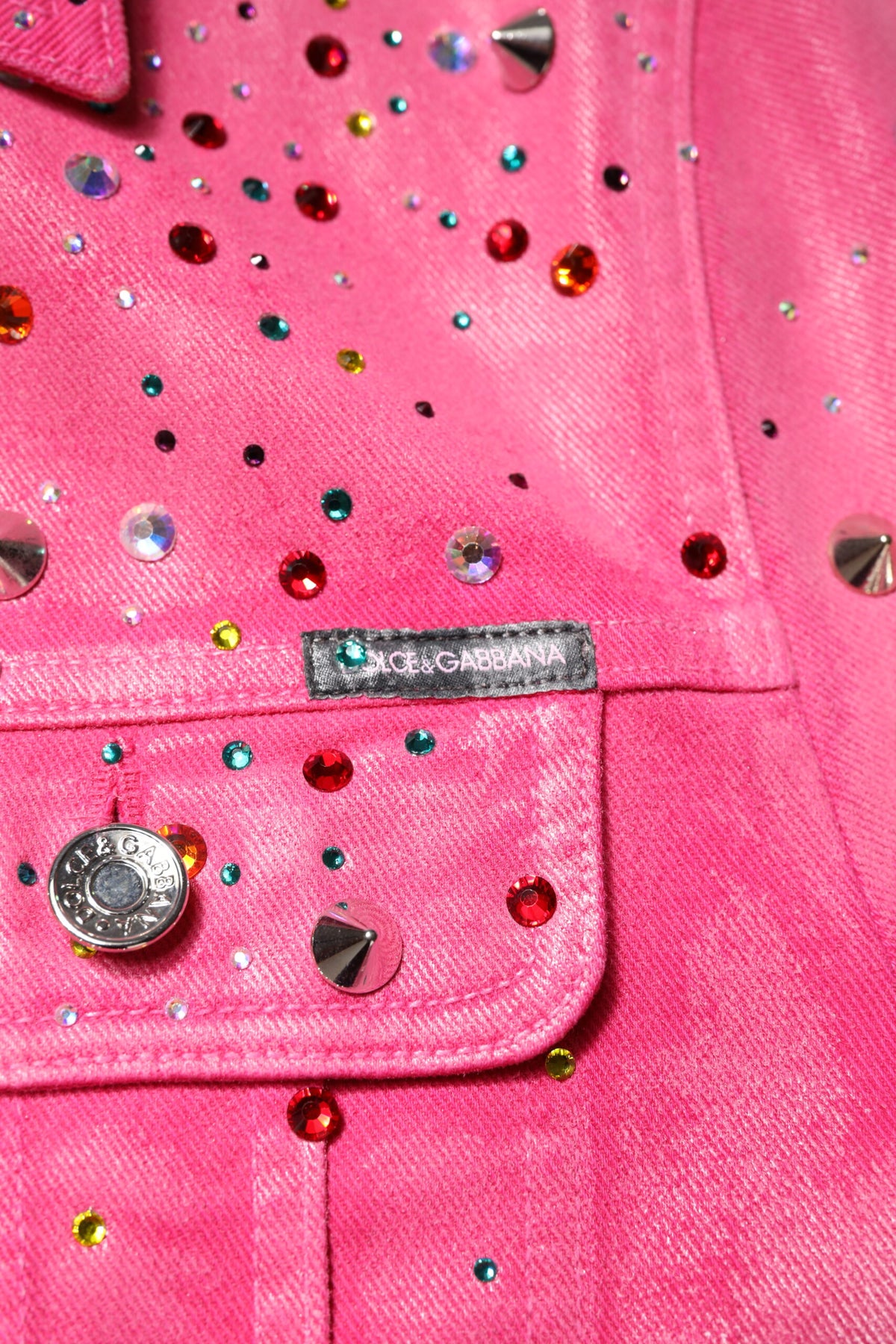 Pink Crystal Embellished Cotton Denim Jacket