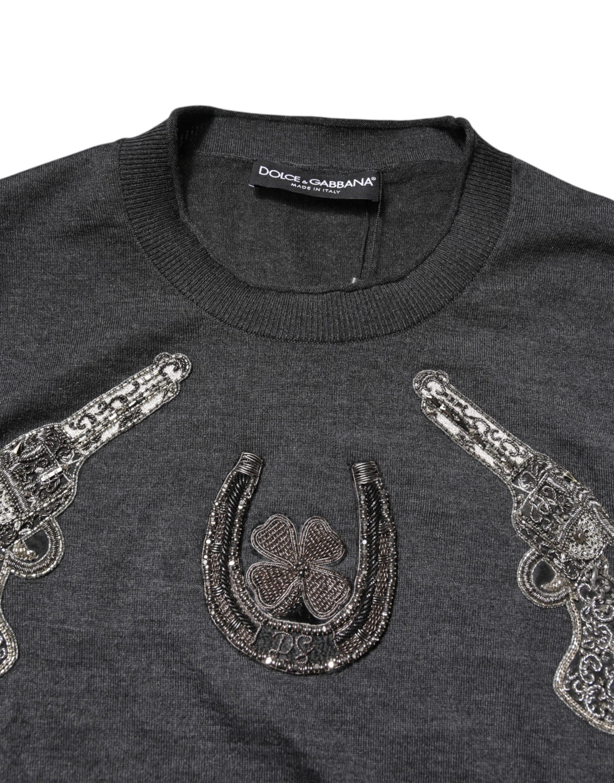 Gray Embroidery Knit Men Pullover Sweater