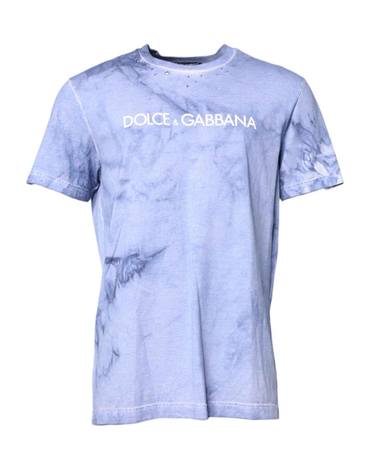 Blue Cotton Logo Print Crew Neck T-shirt