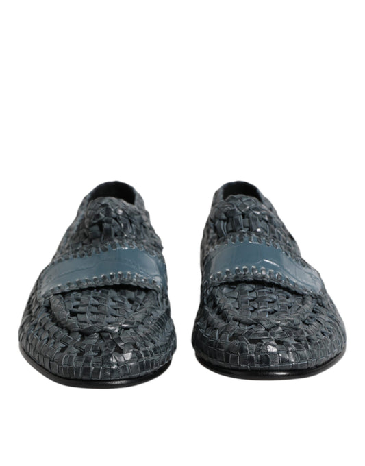 Blue Woven Leather Slip On Loafers Shoes