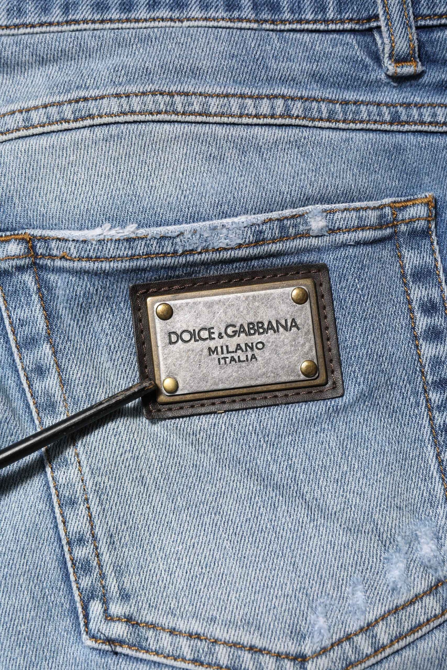 Blue Washed Tattered Logo Plaque Denim Jeans