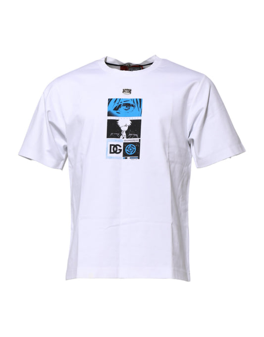 White Cotton Crew Neck Graphic Print T-shirt