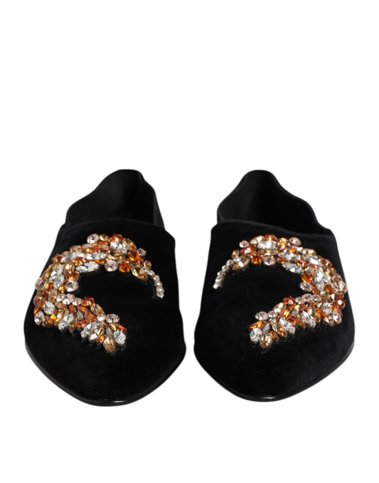 Black Velvet Embellished Loafer Slip On Shoes